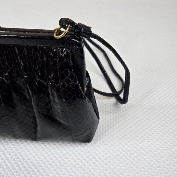 Vintage 60s Marlene Gaines Black Eel Leather Purse Gold Clasp Shoulder Strap - Picture 4 of 10